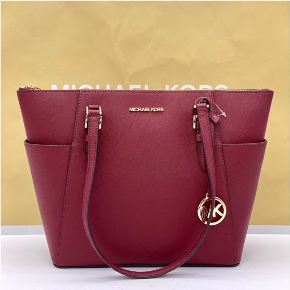 Michael Kors Charlotte Leather Tote Shoulder Bag Dark Cherry - Picture 3 of 11
